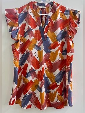 entro Brushstroke Print Flutter Sleeve Blouse-Orange,
Blue,Gold Size:XL